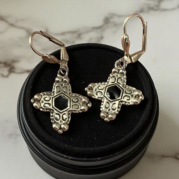 Inca Chakana Cross Earrings Silver Tone Black Onyx Inlay Dangle Boho NO MARKINGS - Picture 2 of 15